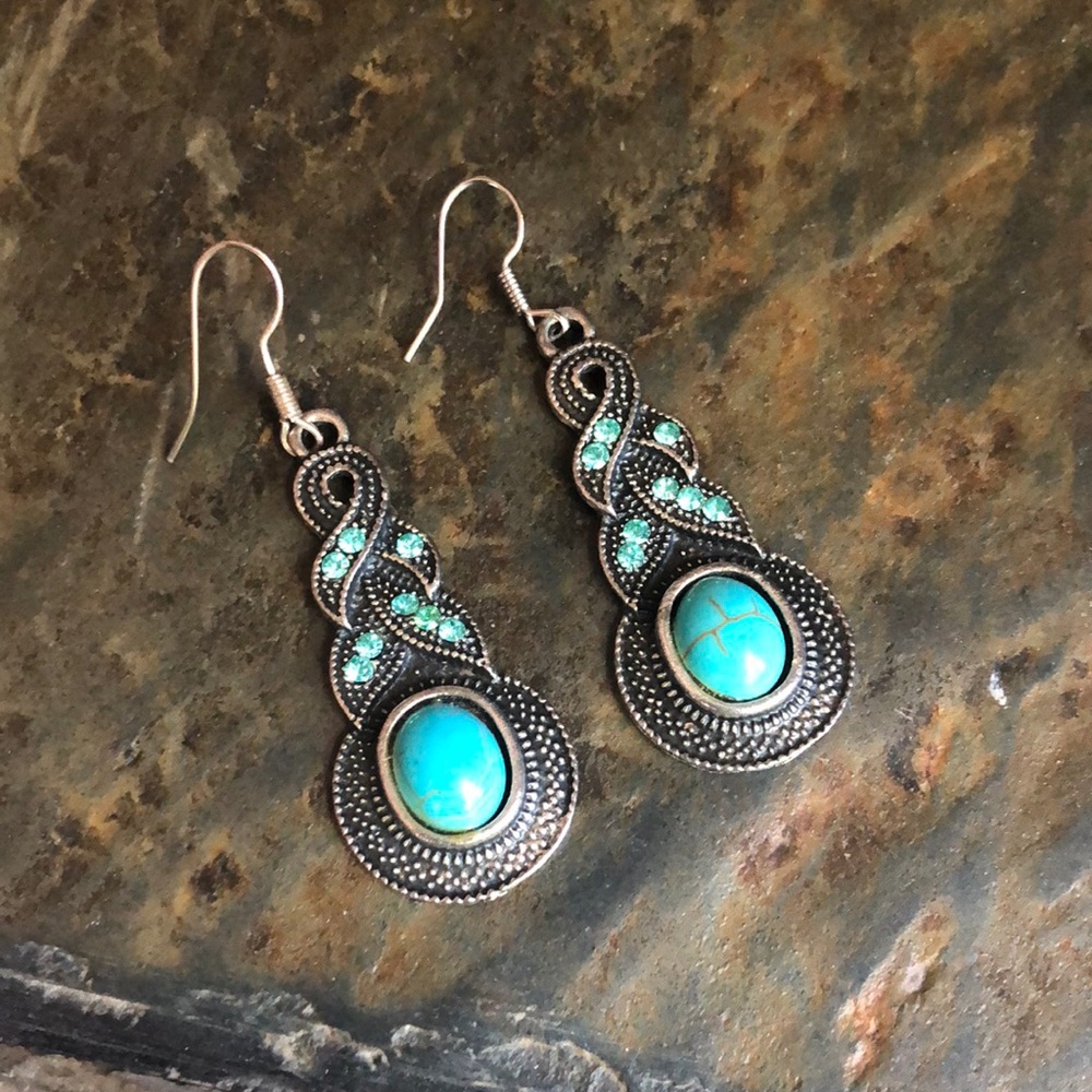 Turquoise Sparkly Dangling Earrings - Picture 2 of 2